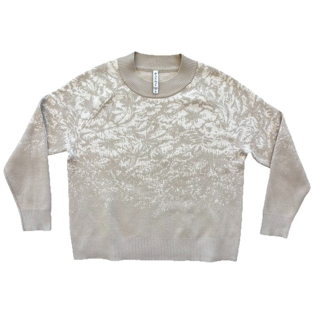 Athleta Crewneck Sweater Pullover Cream Tan Camo Jacquard Textured Size Medium